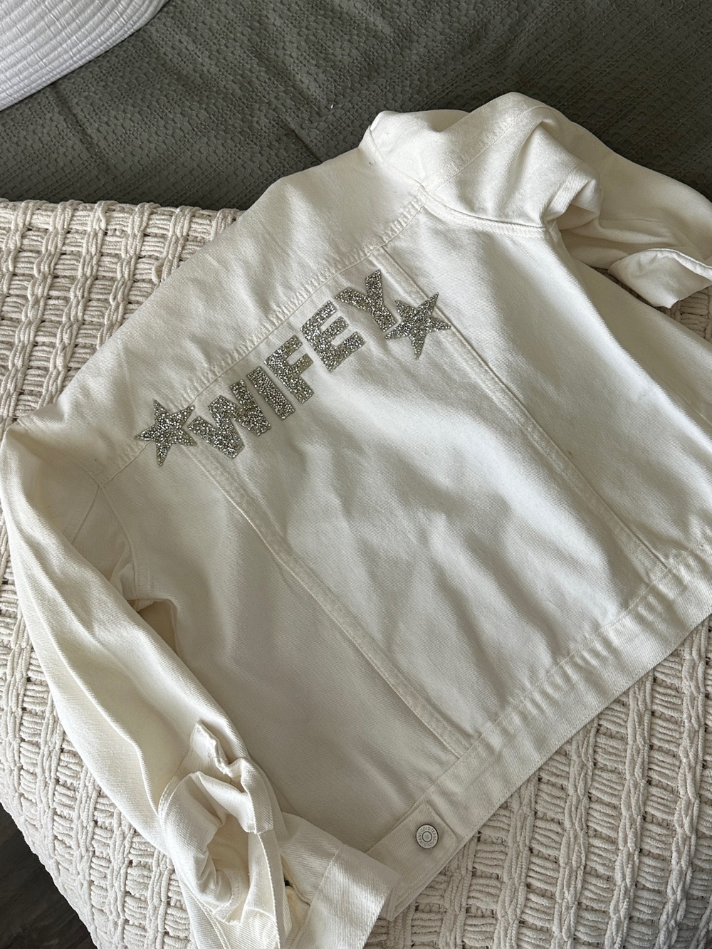 Wifey Embellished White Jean Jacket